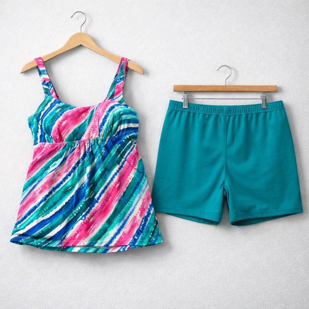 Kim Gravel Swimsuit‎ Tankini Set 16 Multicolor New Rainbow Stripe Boy Shorts 2PC